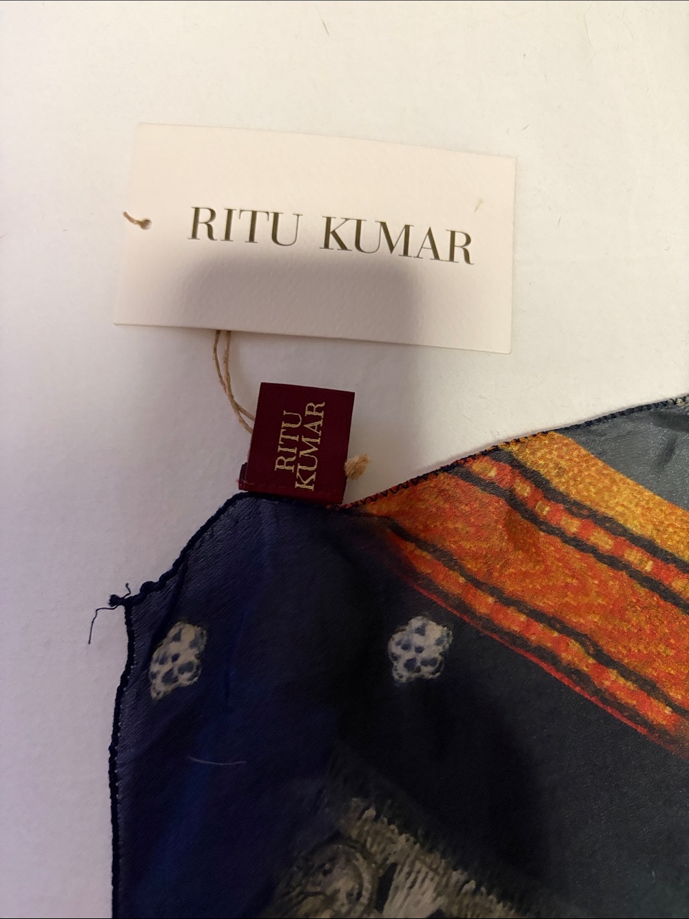 Ritu Kumar designer Navy and Orange Printed Silk Scarf nwt - Picture 3 of 5
